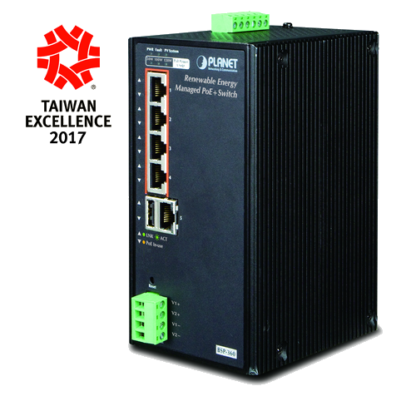 BSP-360 - Routeur industriel IP30, 4 ports LAN PoE+ Gigabit Ethernet & 1 port WAN, alimentation via panneaux solaires