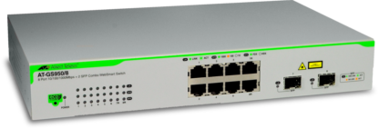 AT-GS950/8 - Switch WebSmart Gigabit Ethernet 8 ports 10/100/1000Base-TX dont 2 ports Combo RJ45/SFP