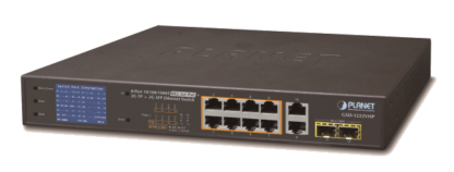 GSD-1222VHP - Switch Plug & Play Gigabit Ethernet 8 ports PoE+, 2 ports 1000Base-TX, 2 emplacements SFP, affichage LCD