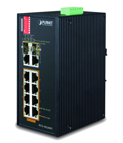 IFGS-1022HPT - Switch industriel IP30 Plug & Play 8 ports Fast Ethernet PoE+, 2 ports combo/SFP, mode PoE étendu