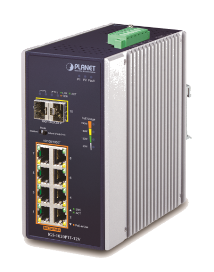 IGS-1020PTF-12V - Switch industriel IP30 Plug & Play 8 ports Gigabit Ethernet PoE+, 2 emplacements SFP, avec booster 12 VDC