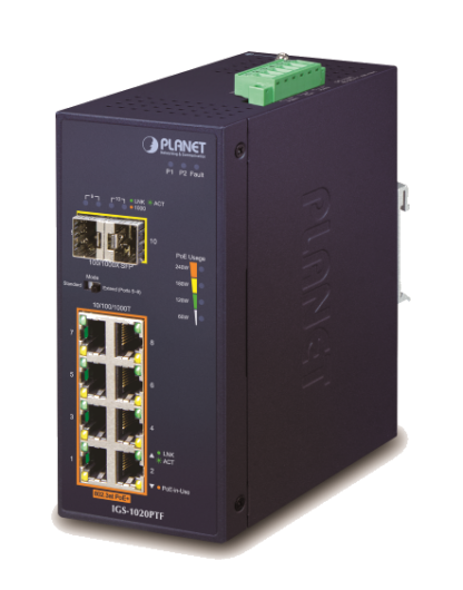 IGS-1020PTF - Switch industriel IP30 Plug & Play 8 ports Gigabit Ethernet PoE+, 2 emplacements SFP