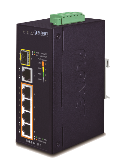 IGS-614HPT - Switch industriel IP30 Plug & Play 4 ports PoE+ Gigabit Ethernet, 1 emplacement SFP, 1 port 10/100/1000Base-TX