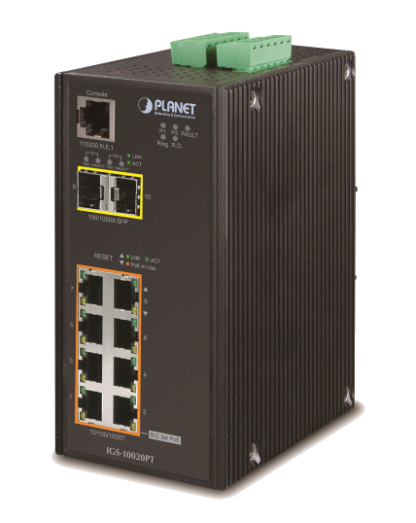 IGS-10020PT - Switch industriel IP30 manageable niveau 2+, 8 ports PoE+ Gigabit Ethernet, 2 emplacements SFP