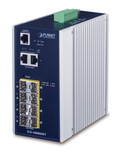 IGS-10080MFT - Switch industriel IP30 manageable niveau 2, 8 emplacements SFP, 2 ports 10/100/1000Base-TX