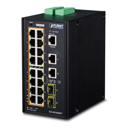 IGS-20160HPT - Switch industriel IP30 manageable L2+, 16 ports PoE+ Gigabit Ethernet, 2 emplacements SFP, 2 ports 1000TX