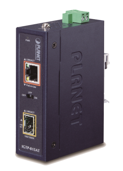 IGTP-815AT - Convertisseur de média industriel IP30 Gigabit Ethernet PoE+ vers 1 emplacement SFP, format compact