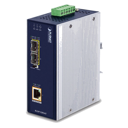 IGUP-1205AT - Convertisseur de média industriel IP30 Gigabit Ethernet, 1 port UPoE 802.3bt vers 2 emplacements SFP