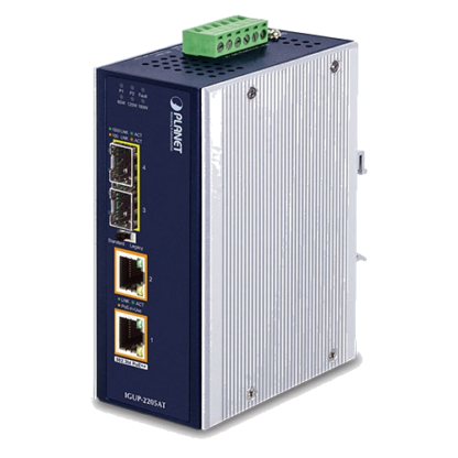 IGUP-2205AT - Convertisseur de média industriel IP30 Gigabit Ethernet, 2 ports UPoE 802.3bt vers 2 emplacements SFP