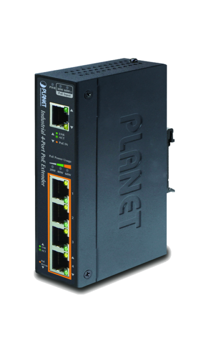 IPOE-E174 - Prolongateur industriel IP30 1 port Ultra PoE 60 W vers 4 ports PoE/PoE+, montage sur Rail-DIN